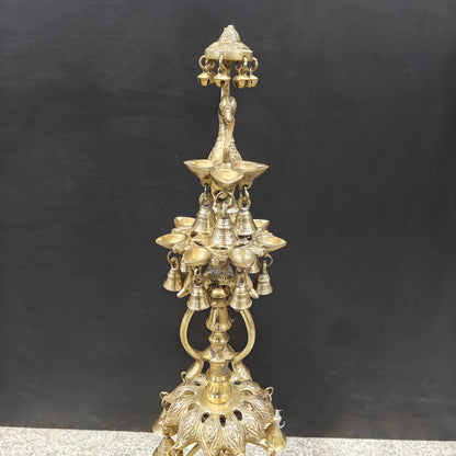 Brassaura® Traditional Brass Peacock Multi-Tier Oil Lamp | Decorative Deepam Diya Stand with Hanging Bells for Home Temple, Pooja & Spiritual Décor | 34 Inches | 10.5 Kg