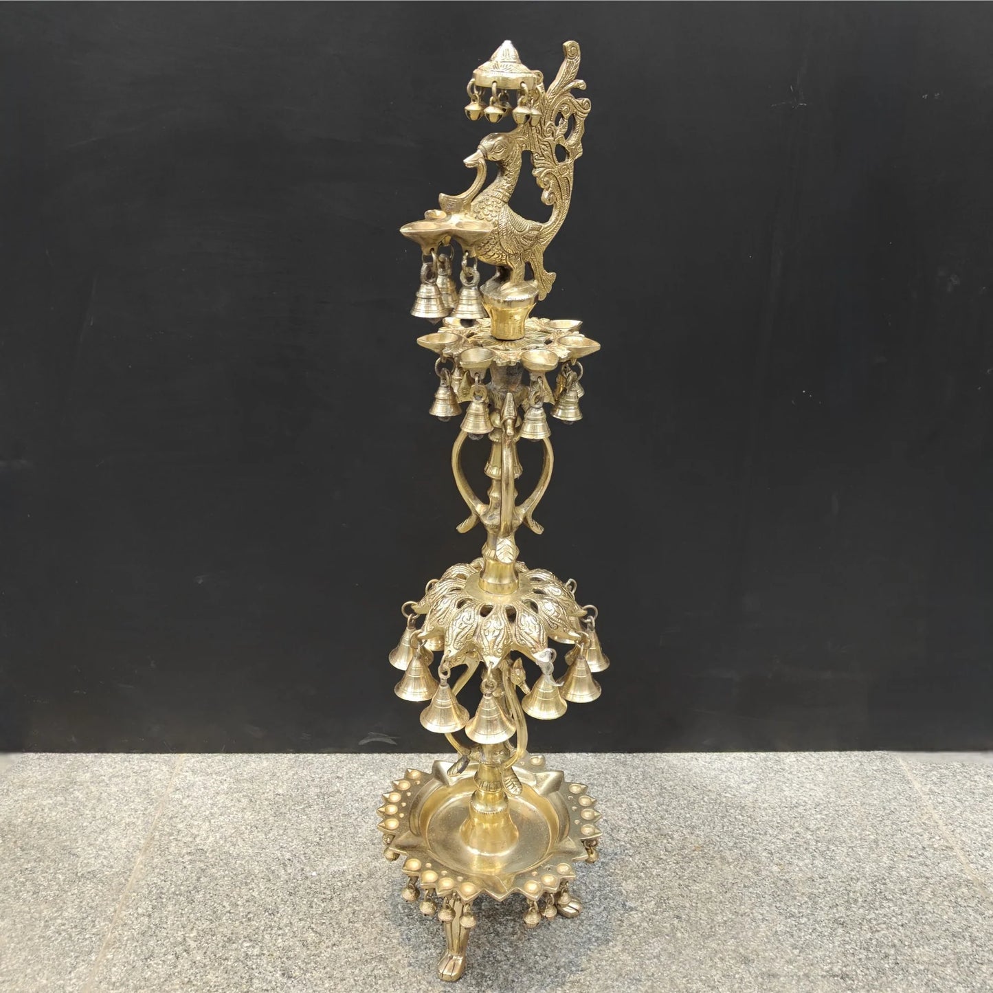 Brassaura® Traditional Brass Peacock Multi-Tier Oil Lamp | Decorative Deepam Diya Stand with Hanging Bells for Home Temple, Pooja & Spiritual Décor | 34 Inches | 10.5 Kg