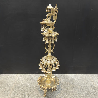 Brassaura® Traditional Brass Peacock Multi-Tier Oil Lamp | Decorative Deepam Diya Stand with Hanging Bells for Home Temple, Pooja & Spiritual Décor | 34 Inches | 10.5 Kg