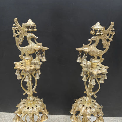 Brassaura® Brass Peacock Multi-Tier Oil Lamp Set of 2 | Traditional Decorative Deepam Diya Stand with Hanging Bells for Home Temple, Pooja & Spiritual Décor | 34 Inches | 21 Kg