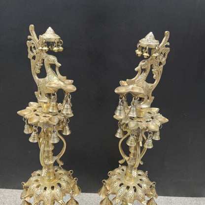 Brassaura® Brass Peacock Multi-Tier Oil Lamp Set of 2 | Traditional Decorative Deepam Diya Stand with Hanging Bells for Home Temple, Pooja & Spiritual Décor | 34 Inches | 21 Kg