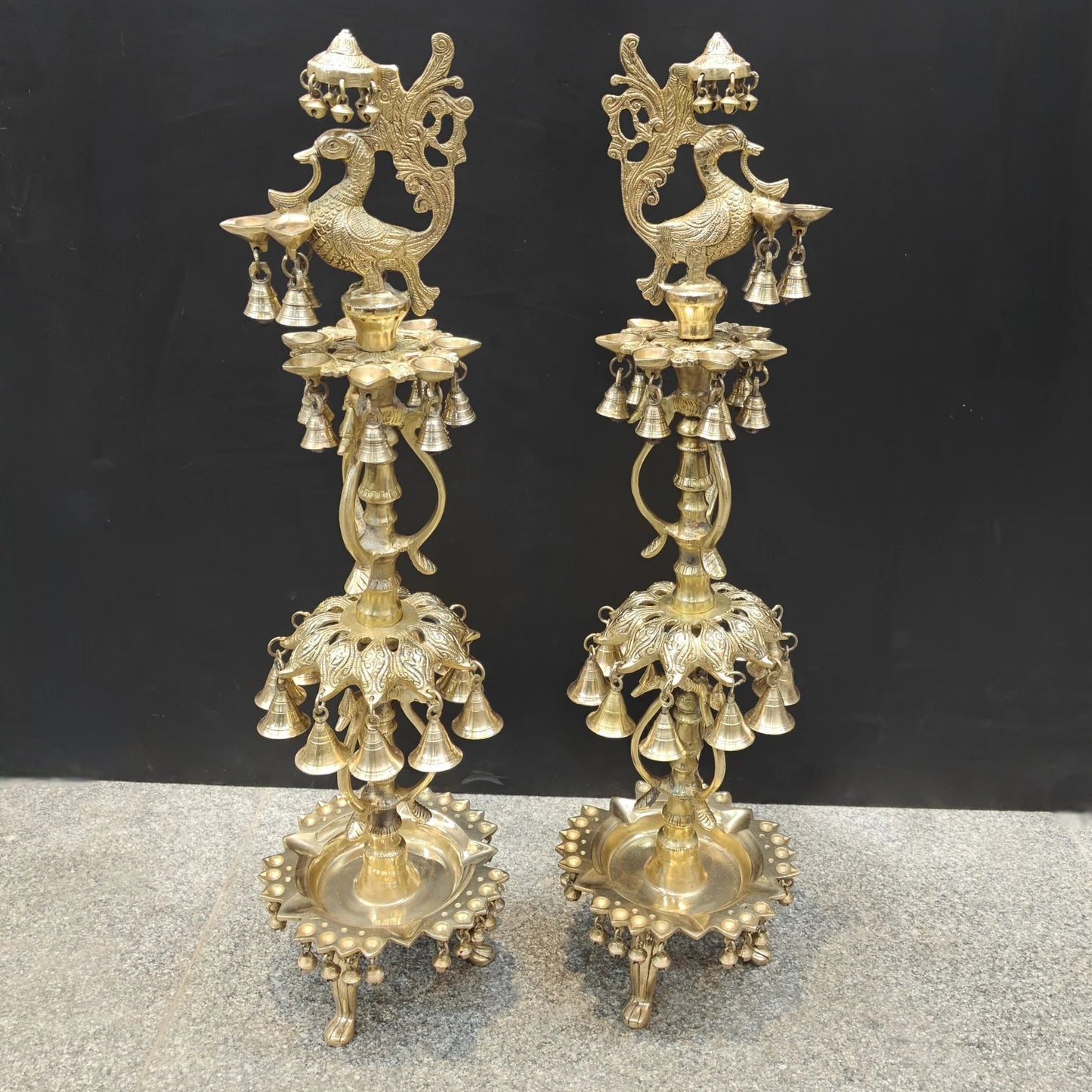 Brassaura® Brass Peacock Multi-Tier Oil Lamp Set of 2 | Traditional Decorative Deepam Diya Stand with Hanging Bells for Home Temple, Pooja & Spiritual Décor | 34 Inches | 21 Kg