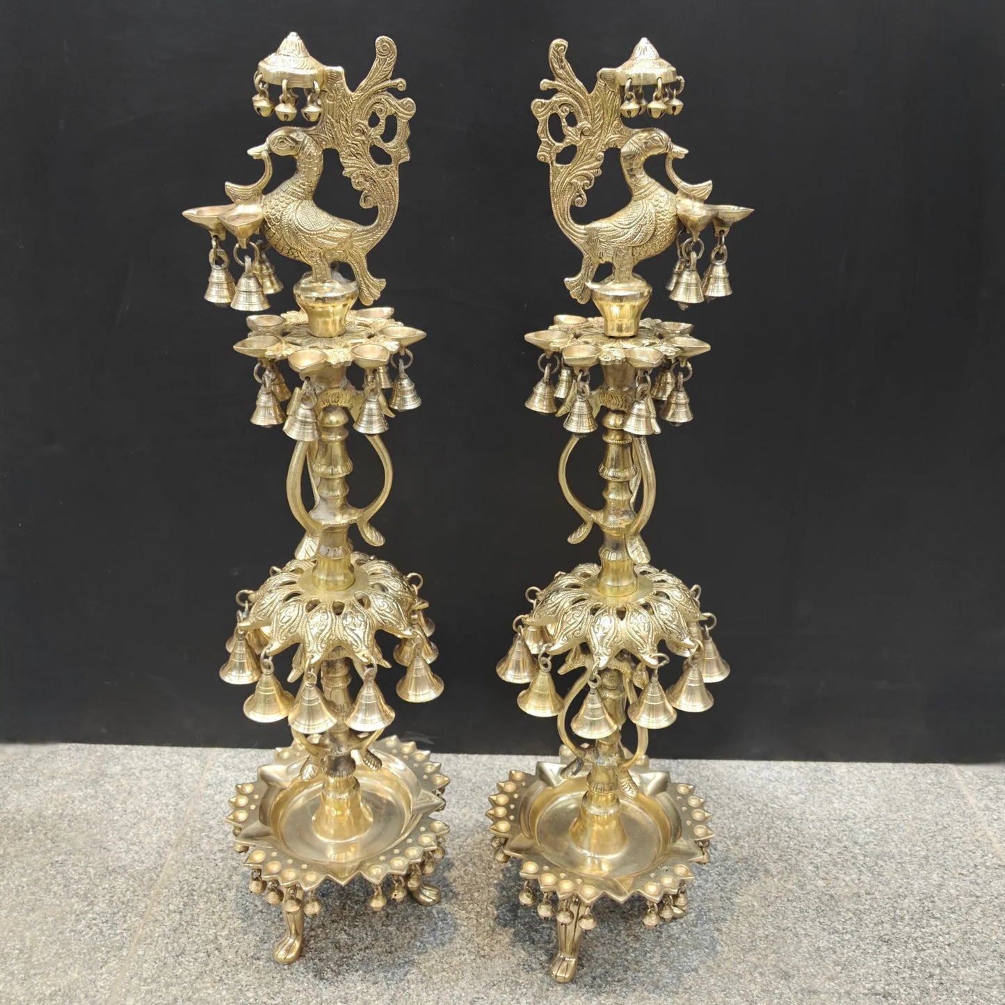 Brassaura® Brass Peacock Multi-Tier Oil Lamp Set of 2 | Traditional Decorative Deepam Diya Stand with Hanging Bells for Home Temple, Pooja & Spiritual Décor | 34 Inches | 21 Kg