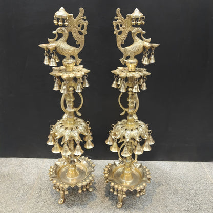 Brassaura® Brass Peacock Multi-Tier Oil Lamp Set of 2 | Traditional Decorative Deepam Diya Stand with Hanging Bells for Home Temple, Pooja & Spiritual Décor | 34 Inches | 21 Kg