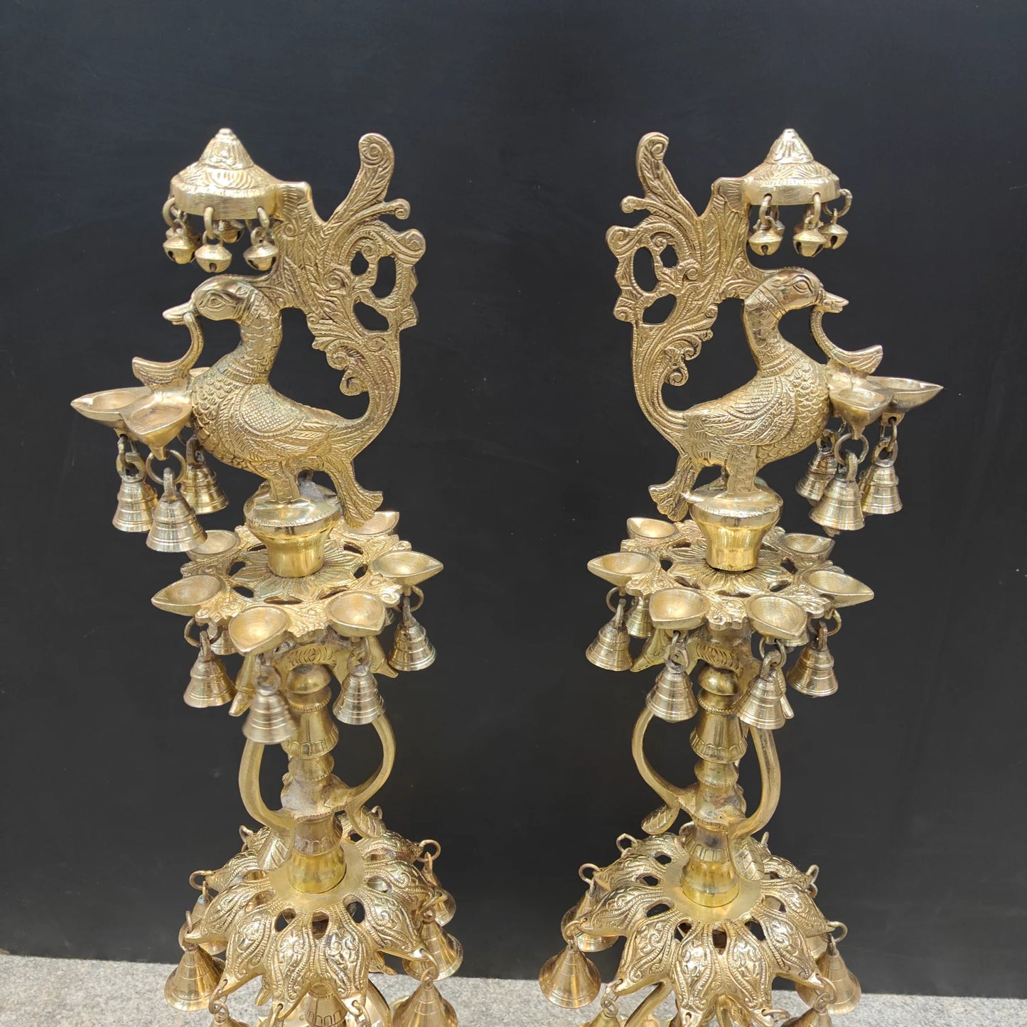 Brassaura® Brass Peacock Multi-Tier Oil Lamp Set of 2 | Traditional Decorative Deepam Diya Stand with Hanging Bells for Home Temple, Pooja & Spiritual Décor | 34 Inches | 21 Kg