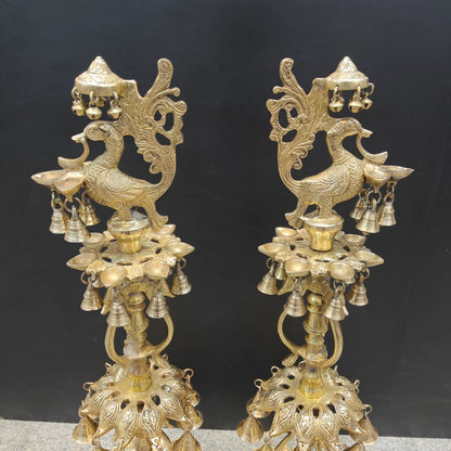 Brassaura® Brass Peacock Multi-Tier Oil Lamp Set of 2 | Traditional Decorative Deepam Diya Stand with Hanging Bells for Home Temple, Pooja & Spiritual Décor | 34 Inches | 21 Kg