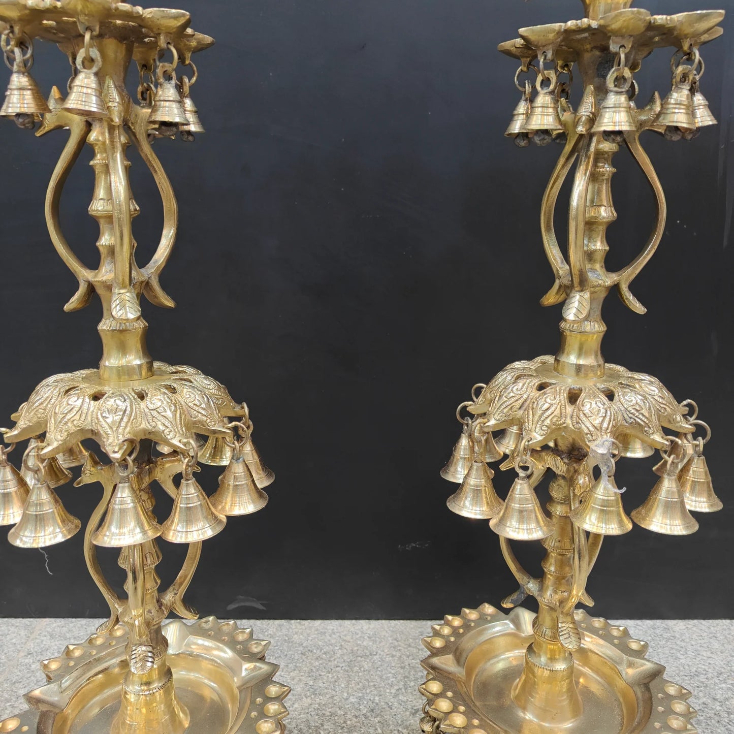 Brassaura® Brass Peacock Multi-Tier Oil Lamp Set of 2 | Traditional Decorative Deepam Diya Stand with Hanging Bells for Home Temple, Pooja & Spiritual Décor | 34 Inches | 21 Kg