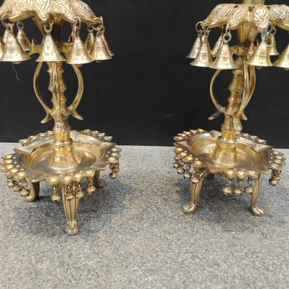 Brassaura® Brass Peacock Multi-Tier Oil Lamp Set of 2 | Traditional Decorative Deepam Diya Stand with Hanging Bells for Home Temple, Pooja & Spiritual Décor | 34 Inches | 21 Kg