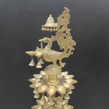 Brassaura® Traditional Brass Peacock Multi-Tier Oil Lamp | Decorative Deepam Diya Stand with Hanging Bells for Home Temple, Pooja & Spiritual Décor | 49 Inches | 26 Kg