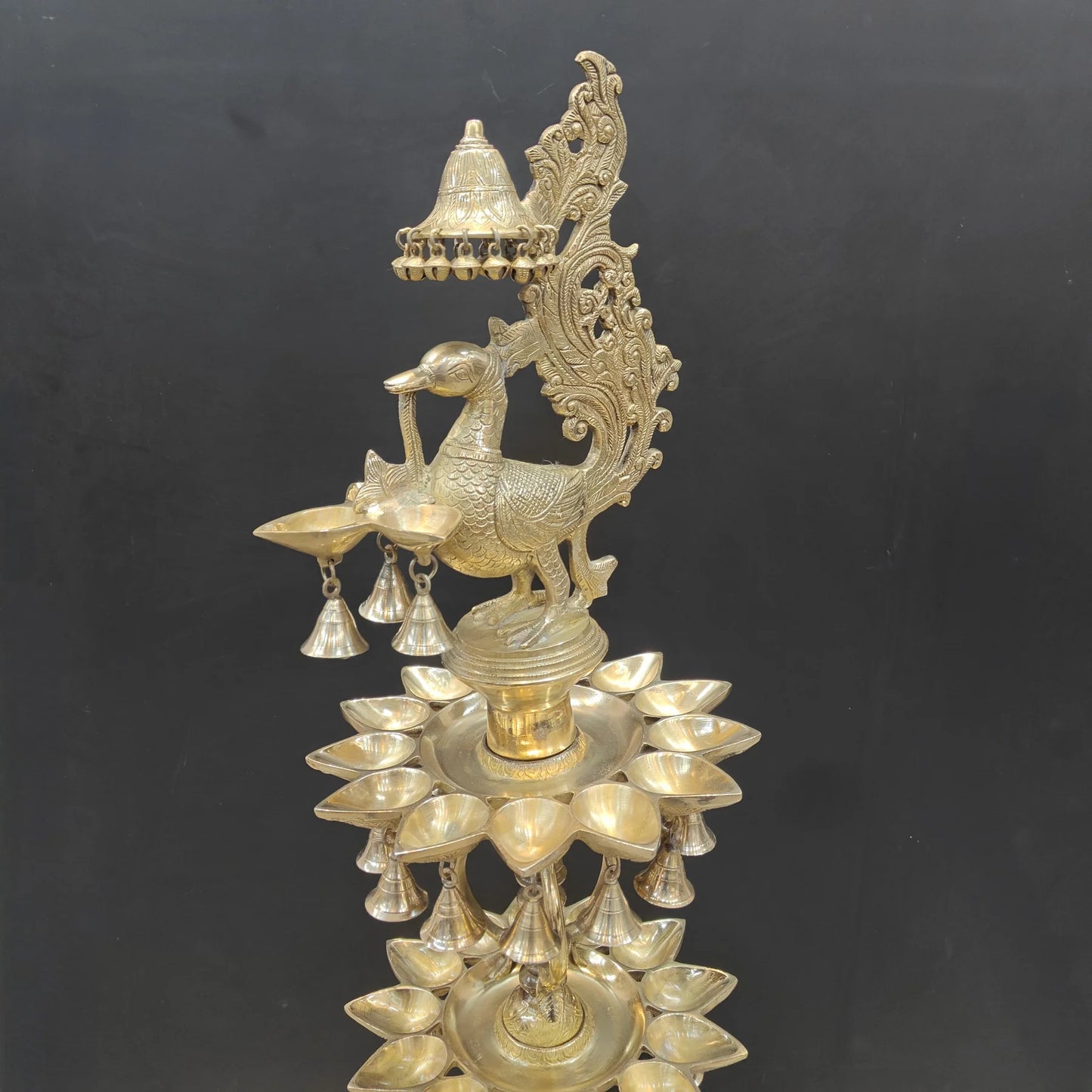 Brassaura® Traditional Brass Peacock Multi-Tier Oil Lamp | Decorative Deepam Diya Stand with Hanging Bells for Home Temple, Pooja & Spiritual Décor | 49 Inches | 26 Kg