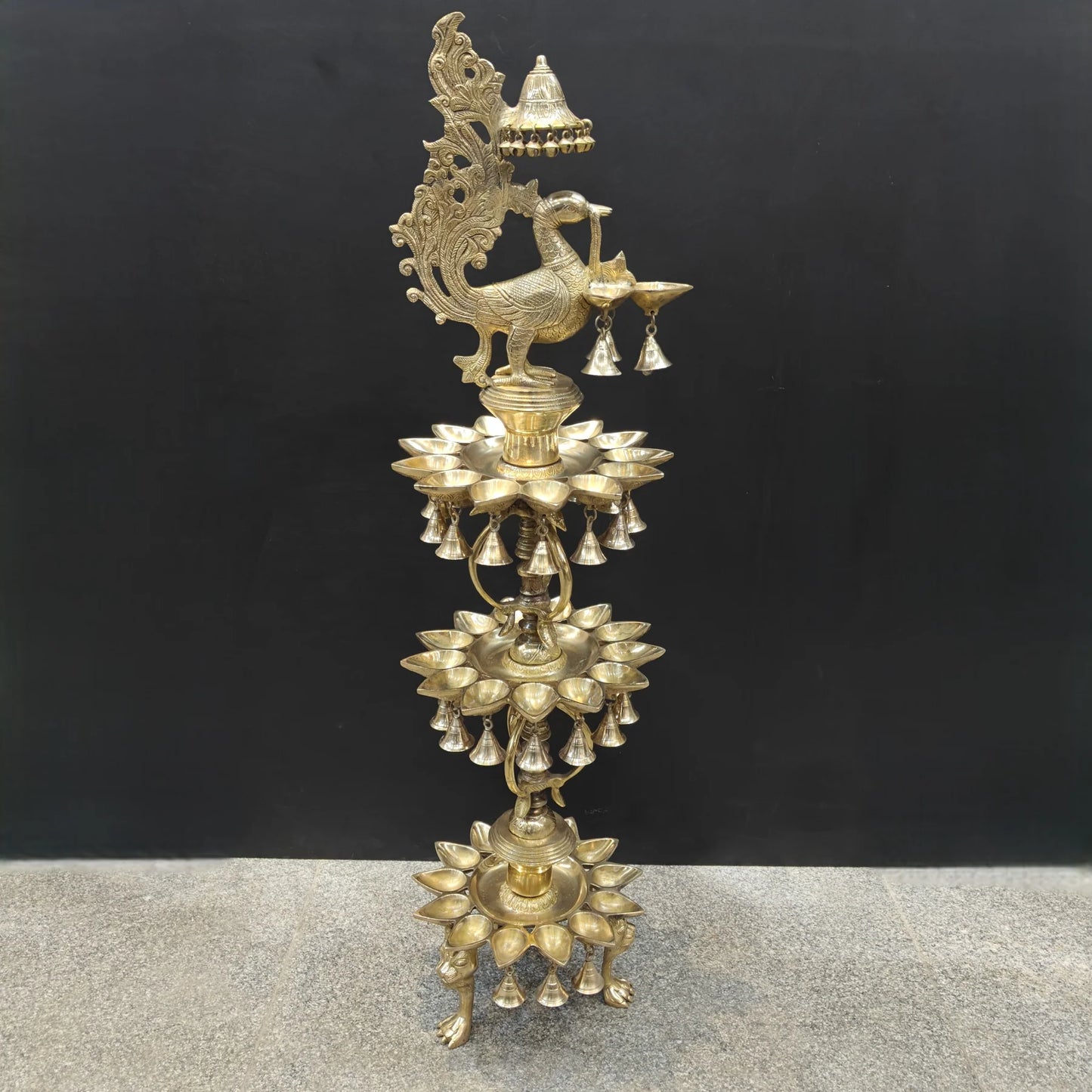 Brassaura® Traditional Brass Peacock Multi-Tier Oil Lamp | Decorative Deepam Diya Stand with Hanging Bells for Home Temple, Pooja & Spiritual Décor | 49 Inches | 26 Kg