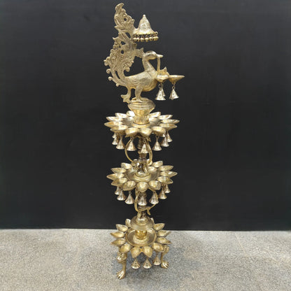 Brassaura® Traditional Brass Peacock Multi-Tier Oil Lamp | Decorative Deepam Diya Stand with Hanging Bells for Home Temple, Pooja & Spiritual Décor | 49 Inches | 26 Kg