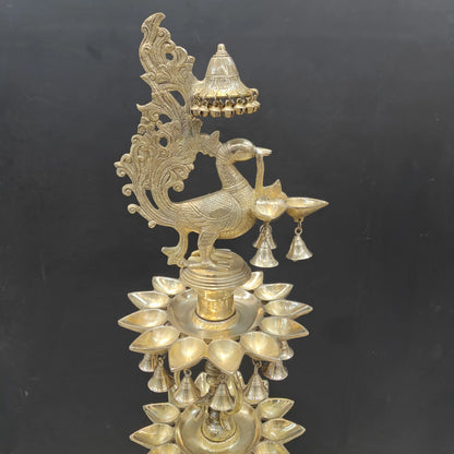 Brassaura® Traditional Brass Peacock Multi-Tier Oil Lamp | Decorative Deepam Diya Stand with Hanging Bells for Home Temple, Pooja & Spiritual Décor | 49 Inches | 26 Kg