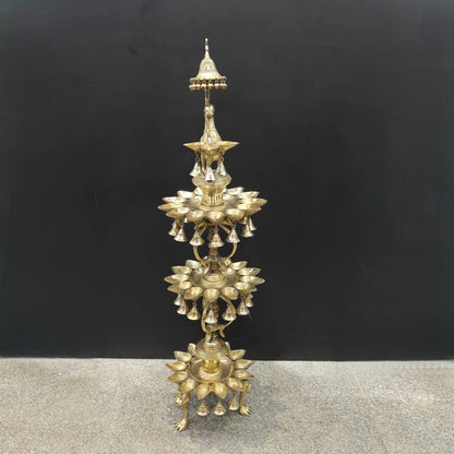 Brassaura® Traditional Brass Peacock Multi-Tier Oil Lamp | Decorative Deepam Diya Stand with Hanging Bells for Home Temple, Pooja & Spiritual Décor | 49 Inches | 26 Kg