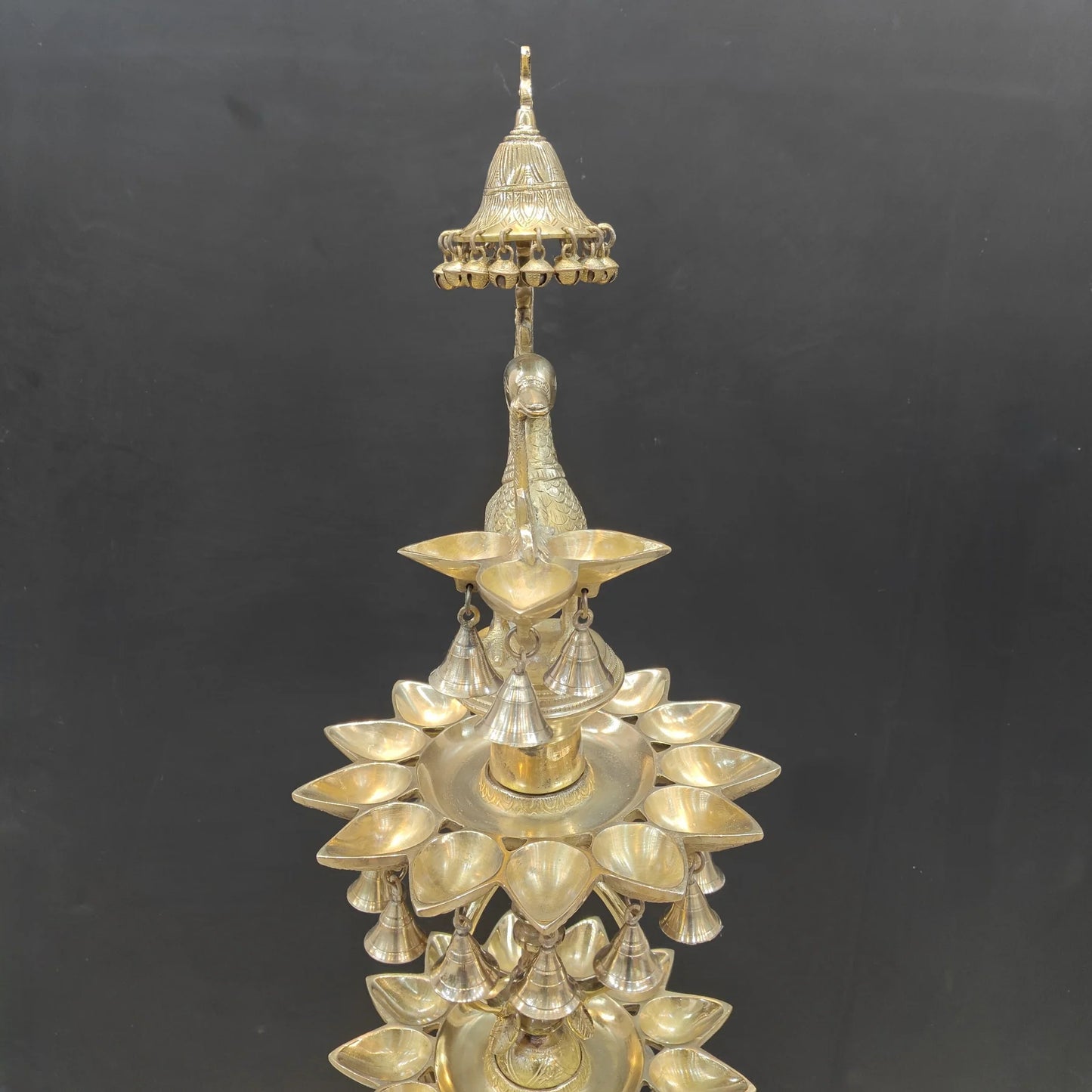 Brassaura® Traditional Brass Peacock Multi-Tier Oil Lamp | Decorative Deepam Diya Stand with Hanging Bells for Home Temple, Pooja & Spiritual Décor | 49 Inches | 26 Kg