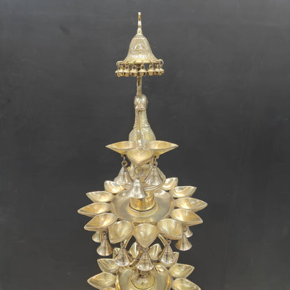 Brassaura® Traditional Brass Peacock Multi-Tier Oil Lamp | Decorative Deepam Diya Stand with Hanging Bells for Home Temple, Pooja & Spiritual Décor | 49 Inches | 26 Kg
