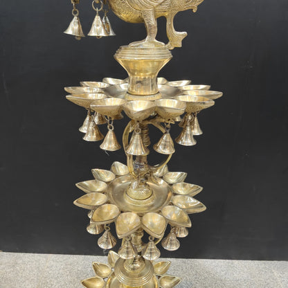 Brassaura® Traditional Brass Peacock Multi-Tier Oil Lamp | Decorative Deepam Diya Stand with Hanging Bells for Home Temple, Pooja & Spiritual Décor | 49 Inches | 26 Kg