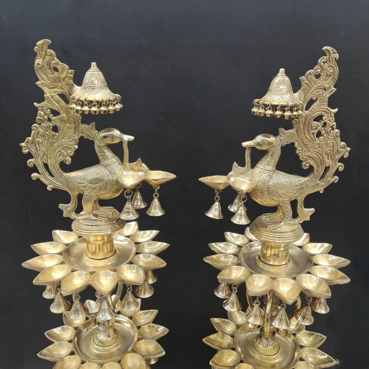 Brassaura® Traditional Brass Peacock Multi-Tier Oil Lamp Set of 2 | Decorative Deepam Diya Stand with Hanging Bells for Home Temple & Spiritual Décor | 49 Inches | 52 Kg