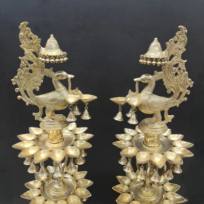 Brassaura® Traditional Brass Peacock Multi-Tier Oil Lamp Set of 2 | Decorative Deepam Diya Stand with Hanging Bells for Home Temple & Spiritual Décor | 49 Inches | 52 Kg