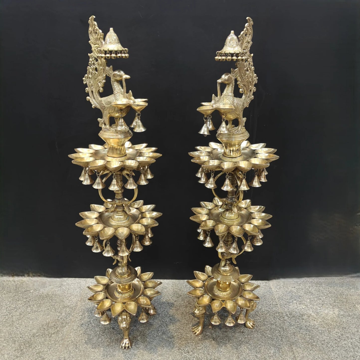 Brassaura® Traditional Brass Peacock Multi-Tier Oil Lamp Set of 2 | Decorative Deepam Diya Stand with Hanging Bells for Home Temple & Spiritual Décor | 49 Inches | 52 Kg