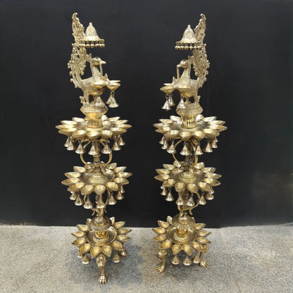 Brassaura® Traditional Brass Peacock Multi-Tier Oil Lamp Set of 2 | Decorative Deepam Diya Stand with Hanging Bells for Home Temple & Spiritual Décor | 49 Inches | 52 Kg