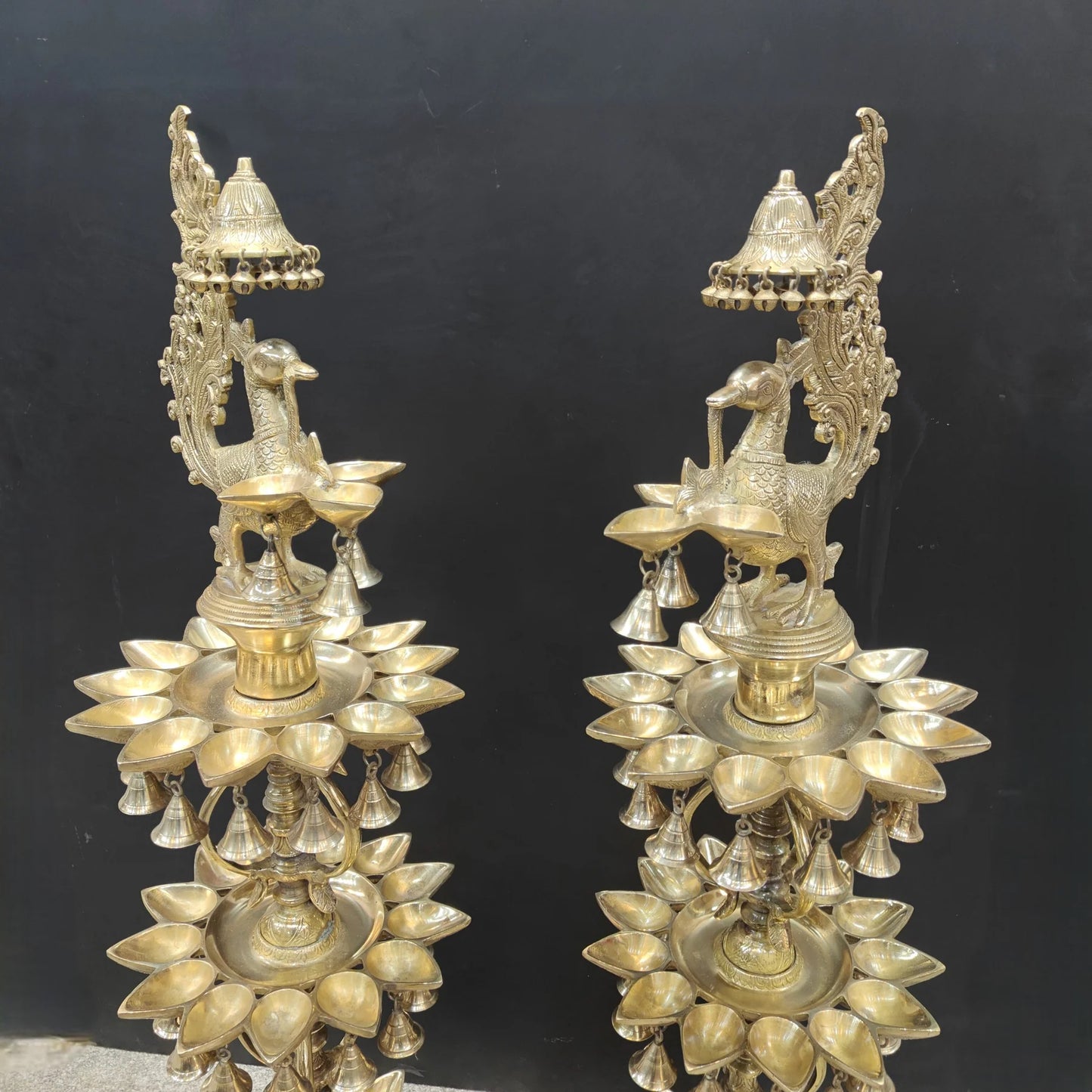 Brassaura® Traditional Brass Peacock Multi-Tier Oil Lamp Set of 2 | Decorative Deepam Diya Stand with Hanging Bells for Home Temple & Spiritual Décor | 49 Inches | 52 Kg