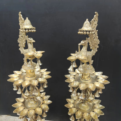Brassaura® Traditional Brass Peacock Multi-Tier Oil Lamp Set of 2 | Decorative Deepam Diya Stand with Hanging Bells for Home Temple & Spiritual Décor | 49 Inches | 52 Kg