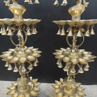 Brassaura® Traditional Brass Peacock Multi-Tier Oil Lamp Set of 2 | Decorative Deepam Diya Stand with Hanging Bells for Home Temple & Spiritual Décor | 49 Inches | 52 Kg