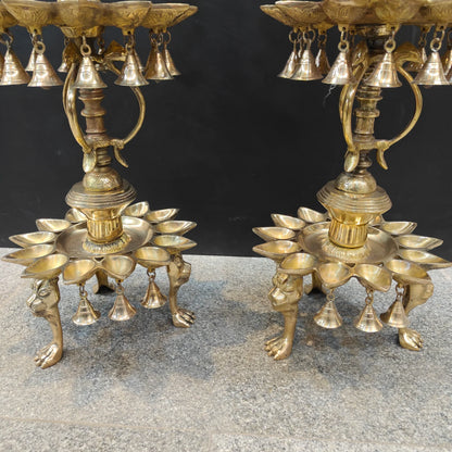 Brassaura® Traditional Brass Peacock Multi-Tier Oil Lamp Set of 2 | Decorative Deepam Diya Stand with Hanging Bells for Home Temple & Spiritual Décor | 49 Inches | 52 Kg
