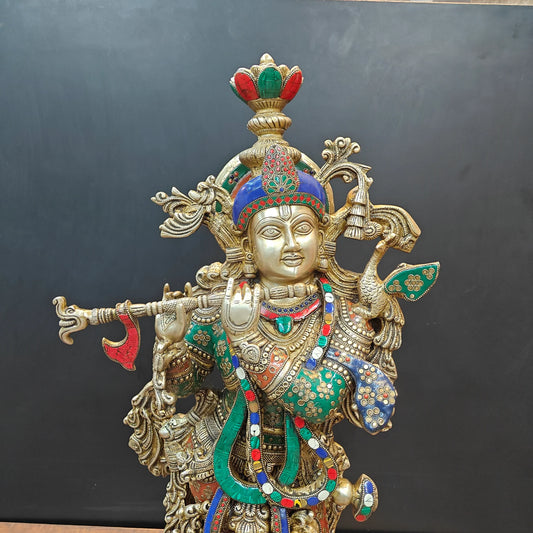 ब्रासोरा® वृंदावन वेणुगोपाल कृष्ण पीतल की प्रतिमा मोर के साथ | एंटीक नीला और सुनहरा रंग | ऊँचाई 20 इंच
