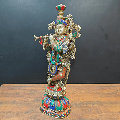 Brassaura® Lord Krishna with Peacock Brass Idol | Premium Handcrafted Multicolor Brass Murti | Decorative Krishna Statue for Home Temple, Pooja Room & Spiritual Décor | Height 36 Inches | 34 Kg