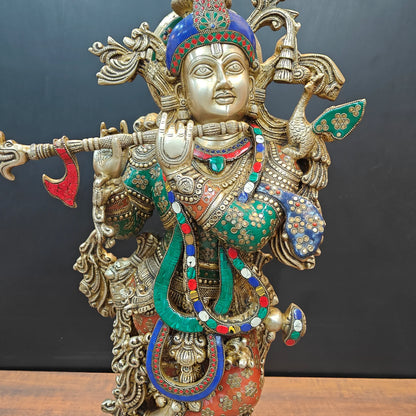 Brassaura® Lord Krishna with Peacock Brass Idol | Premium Handcrafted Multicolor Brass Murti | Decorative Krishna Statue for Home Temple, Pooja Room & Spiritual Décor | Height 36 Inches | 34 Kg
