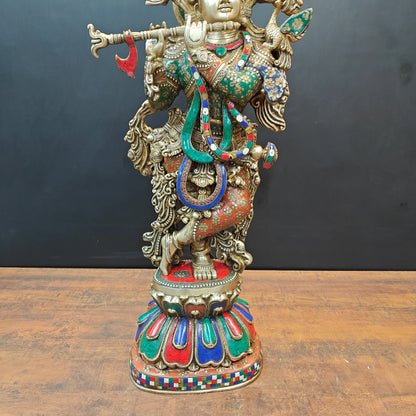 Brassaura® Lord Krishna with Peacock Brass Idol | Premium Handcrafted Multicolor Brass Murti | Decorative Krishna Statue for Home Temple, Pooja Room & Spiritual Décor | Height 36 Inches | 34 Kg