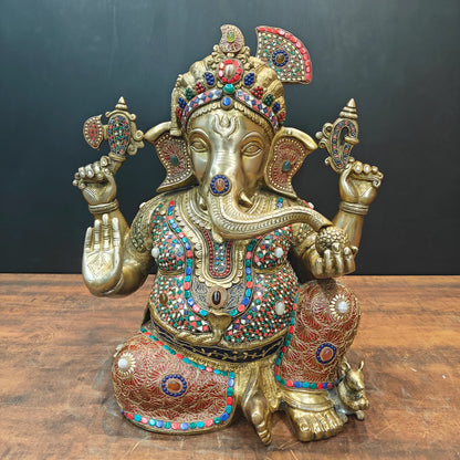 Brassaura® Brass Lord Ganesha Idol with Meenakari Work | Handcrafted Ganpati Bappa Murti for Home Temple, Living Room & Spiritual Décor | 21 Inches | 27 Kg