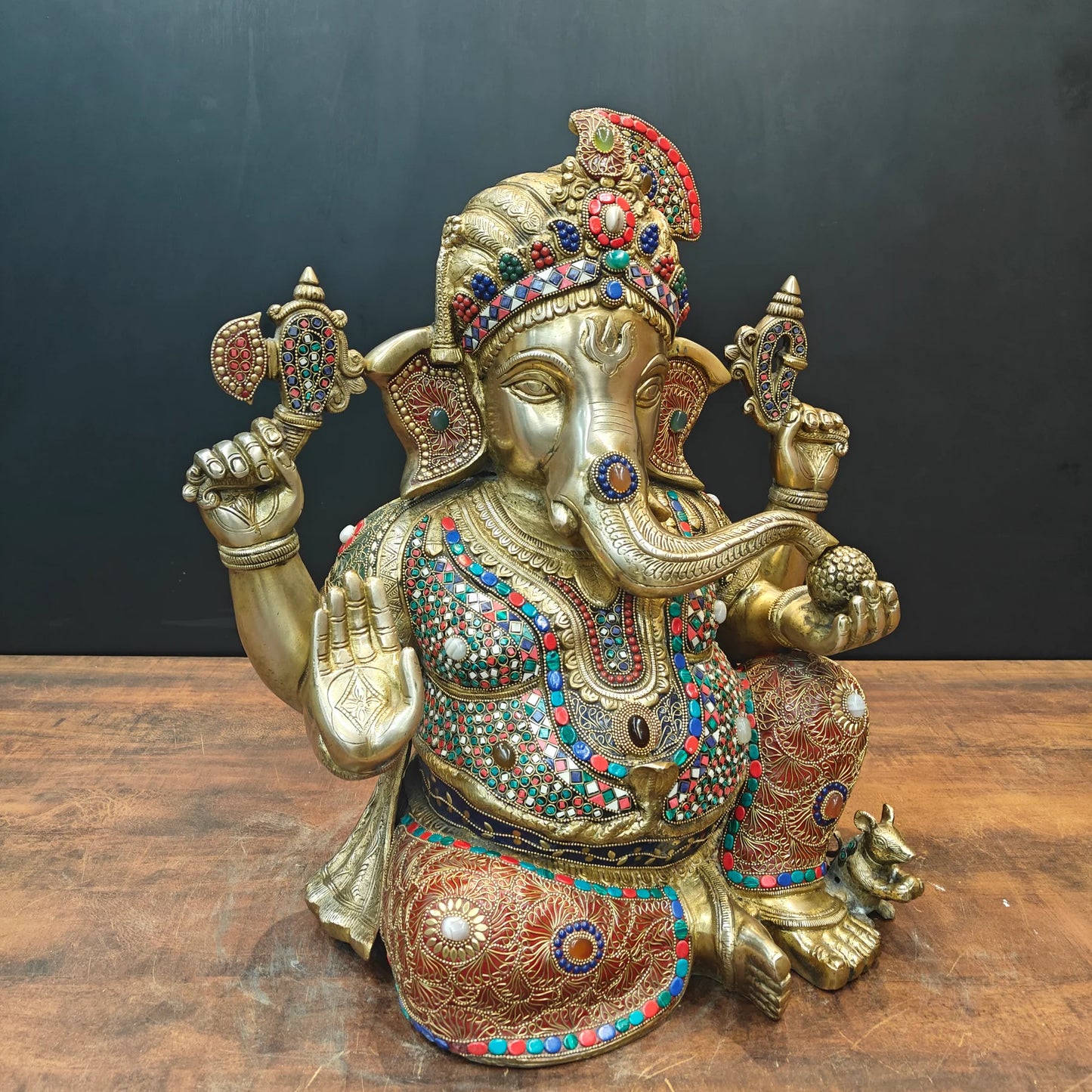 Brassaura® Brass Lord Ganesha Idol with Meenakari Work | Handcrafted Ganpati Bappa Murti for Home Temple, Living Room & Spiritual Décor | 21 Inches | 27 Kg