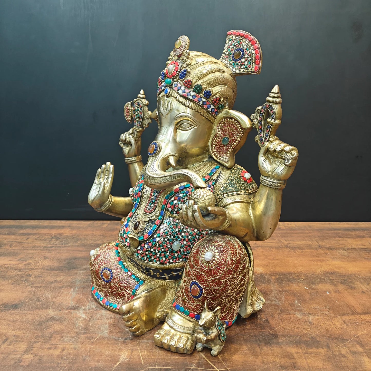 Brassaura® Brass Lord Ganesha Idol with Meenakari Work | Handcrafted Ganpati Bappa Murti for Home Temple, Living Room & Spiritual Décor | 21 Inches | 27 Kg