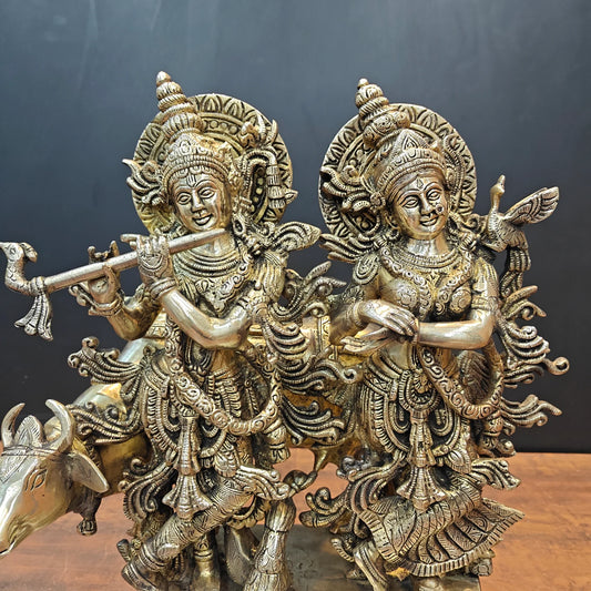 ब्रासोरा® वृंदावन वेणुगोपाल कृष्ण पीतल की प्रतिमा मोर के साथ | एंटीक नीला और सुनहरा रंग | ऊँचाई 20 इंच