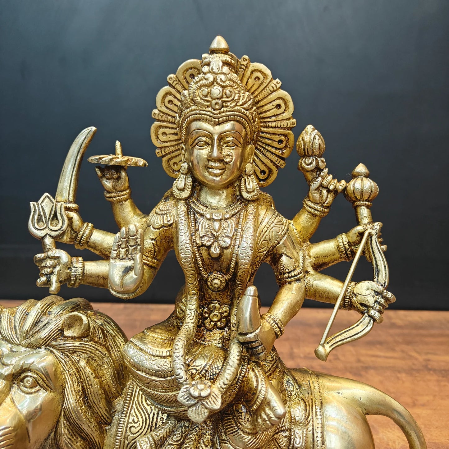 Brassaura® Brass Maa Durga Idol on Lion | Handcrafted Goddess Durga Murti | Premium Brass Sherawali Mata Statue for Home Temple, Spiritual Décor & Gifting | 13 Inches | 8 Kg