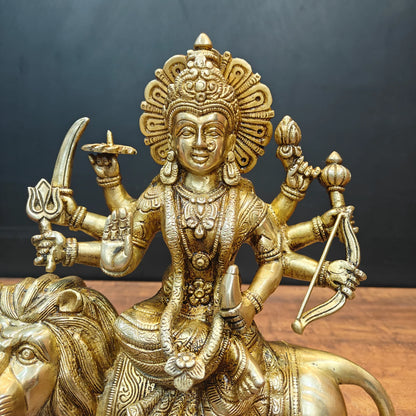 Brassaura® Brass Maa Durga Idol on Lion | Handcrafted Goddess Durga Murti | Premium Brass Sherawali Mata Statue for Home Temple, Spiritual Décor & Gifting | 13 Inches | 8 Kg