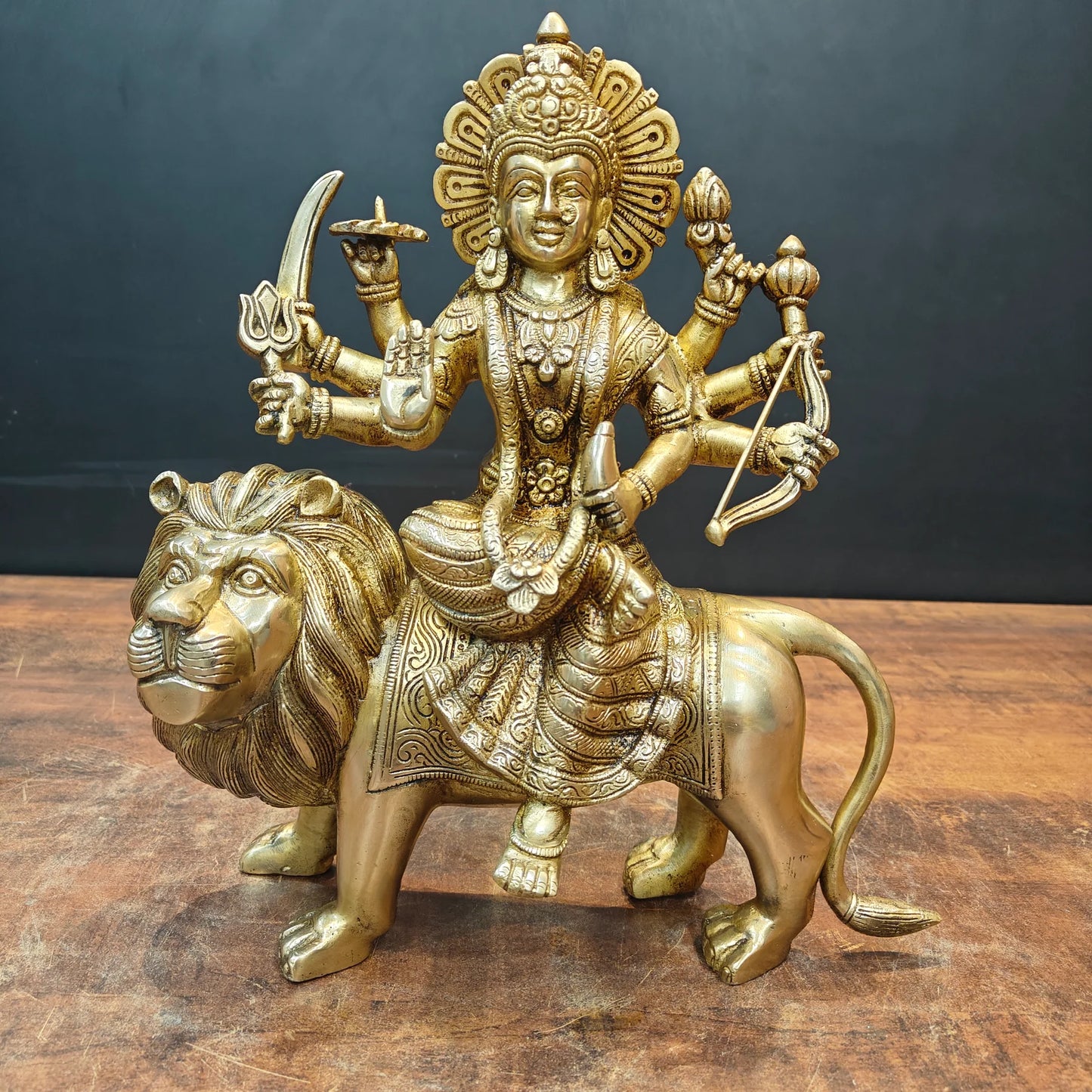 Brassaura® Brass Maa Durga Idol on Lion | Handcrafted Goddess Durga Murti | Premium Brass Sherawali Mata Statue for Home Temple, Spiritual Décor & Gifting | 13 Inches | 8 Kg