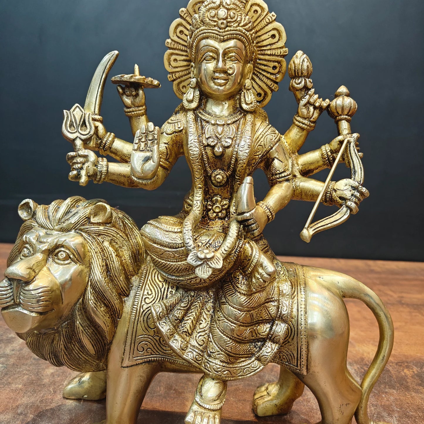 Brassaura® Brass Maa Durga Idol on Lion | Handcrafted Goddess Durga Murti | Premium Brass Sherawali Mata Statue for Home Temple, Spiritual Décor & Gifting | 13 Inches | 8 Kg