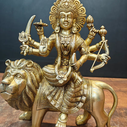 Brassaura® Brass Maa Durga Idol on Lion | Handcrafted Goddess Durga Murti | Premium Brass Sherawali Mata Statue for Home Temple, Spiritual Décor & Gifting | 13 Inches | 8 Kg