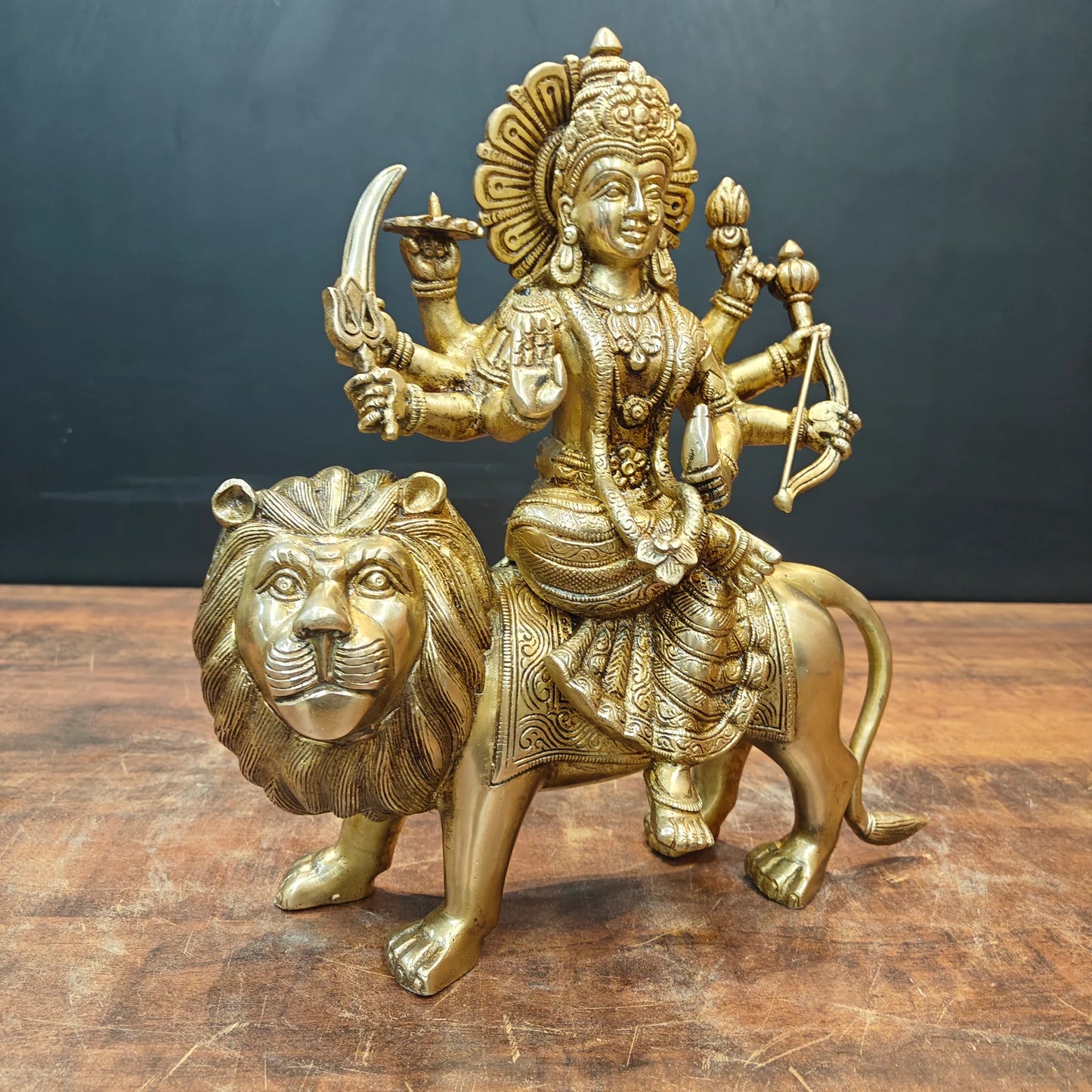 Brassaura® Brass Maa Durga Idol on Lion | Handcrafted Goddess Durga Murti | Premium Brass Sherawali Mata Statue for Home Temple, Spiritual Décor & Gifting | 13 Inches | 8 Kg