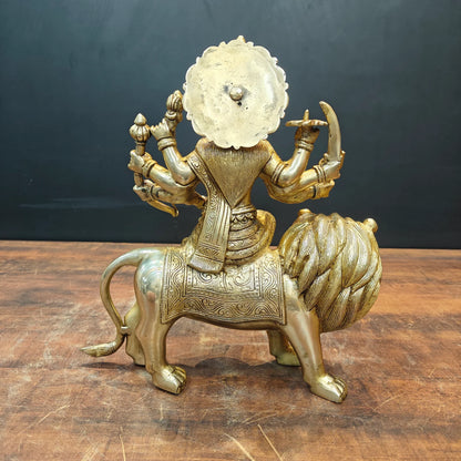 Brassaura® Brass Maa Durga Idol on Lion | Handcrafted Goddess Durga Murti | Premium Brass Sherawali Mata Statue for Home Temple, Spiritual Décor & Gifting | 13 Inches | 8 Kg