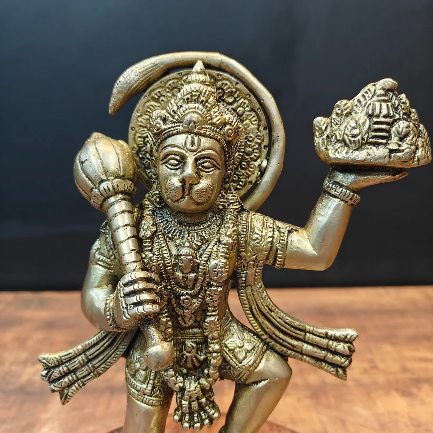 Brassaura® Brass Lord Hanuman Idol | Veer Hanuman Carrying Sanjeevani Mountain with Gada | Sacred Brass Sculpture for Home Temple, Spiritual Décor & Gifting | 9 Inches | 1.9 KgV