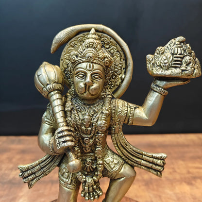 Brassaura® Brass Lord Hanuman Idol | Veer Hanuman Carrying Sanjeevani Mountain with Gada | Sacred Brass Sculpture for Home Temple, Spiritual Décor & Gifting | 9 Inches | 1.9 KgV