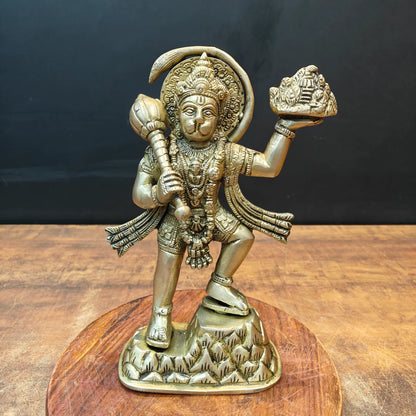 Brassaura® Brass Lord Hanuman Idol | Veer Hanuman Carrying Sanjeevani Mountain with Gada | Sacred Brass Sculpture for Home Temple, Spiritual Décor & Gifting | 9 Inches | 1.9 KgV