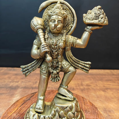 Brassaura® Brass Lord Hanuman Idol | Veer Hanuman Carrying Sanjeevani Mountain with Gada | Sacred Brass Sculpture for Home Temple, Spiritual Décor & Gifting | 9 Inches | 1.9 KgV