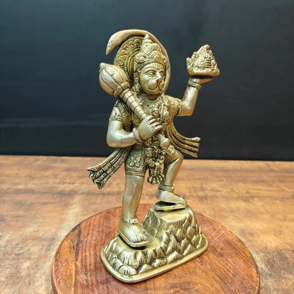 Brassaura® Brass Lord Hanuman Idol | Veer Hanuman Carrying Sanjeevani Mountain with Gada | Sacred Brass Sculpture for Home Temple, Spiritual Décor & Gifting | 9 Inches | 1.9 KgV