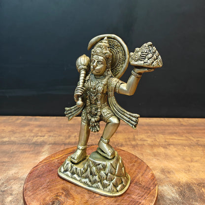 Brassaura® Brass Lord Hanuman Idol | Veer Hanuman Carrying Sanjeevani Mountain with Gada | Sacred Brass Sculpture for Home Temple, Spiritual Décor & Gifting | 9 Inches | 1.9 KgV